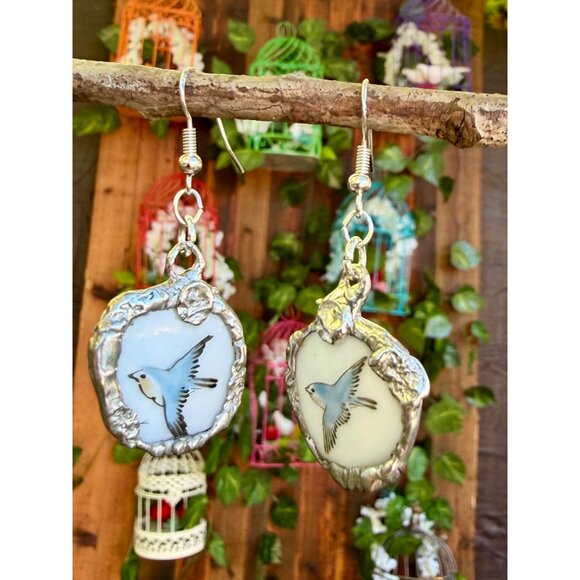 Bluebird Porcelain Earrings Handmade With Recycled China & 925 Silver - Picture 5 of 15